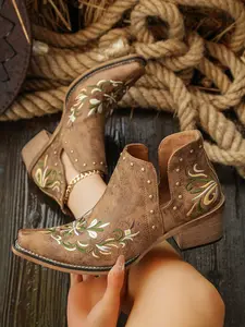 Women's Western Style Embroidered Short Boots, Floral Stitched Denim Boots, Essential Footwear for Country Music Festivals