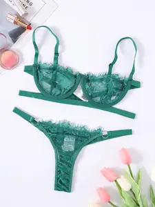 Women's Plain Basic Lace Bra & Thong Set, Adjustable Strap Wireless Bra & Ring Linked Panty Sexy Style Lingeries Set, Summer Outfits 2024, Women's Underwear Set For All Seasons, Breathable