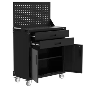 Garvee - Durable Steel Closet with 2 Drawers, Pegboard, and 4 Wheels, Workbench with Lock for Workshop, Warehouse