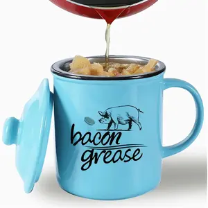 Ceramic Bacon  Container with Strainer, Cooking Oil Storage Can  Keeper for Kitchen, Turquoise