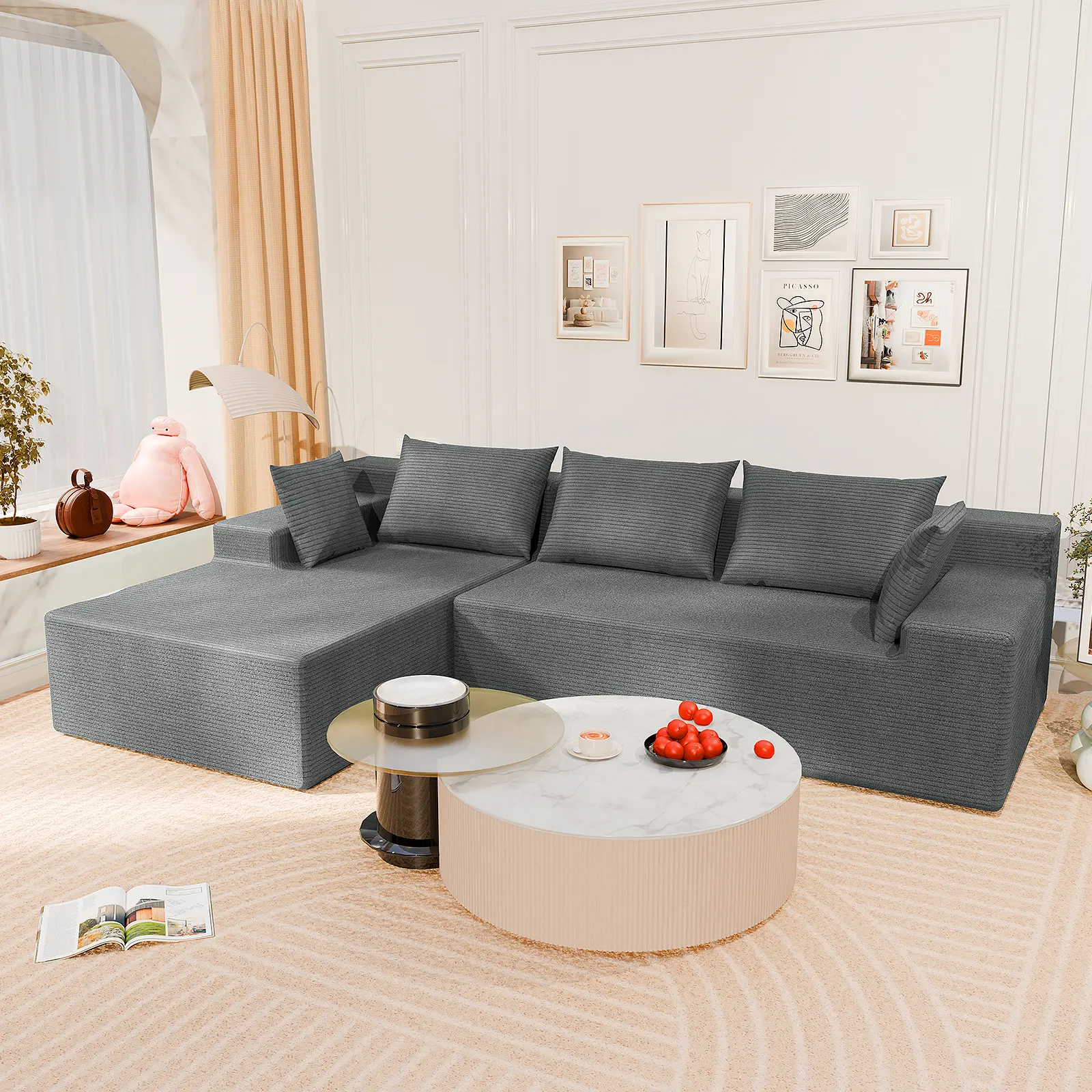 LEVELEVEL 107" Modern Corduroy Cloud-Soft L-Shaped Configurable 2-Piece Compact Sectional Couch - Deep Seat Chaise Lounge Sofa, No Assembly Required, 2-Package Shipping, Upholstered Indoor Living Room Furniture, 2-Piece Sofa Sets