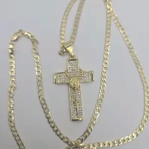 Cross with virgin Mary Cuban necklace gold-plated fashion style multi-stones 24"inches