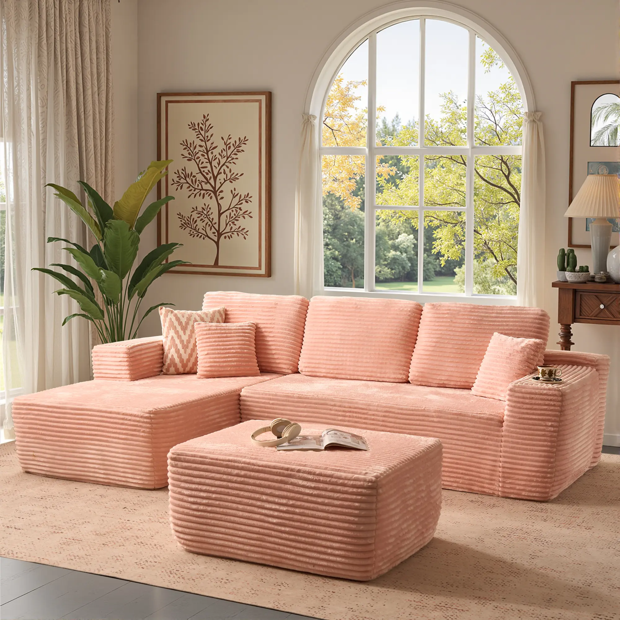 Pink Corduroy Left Chaise With Ottoman