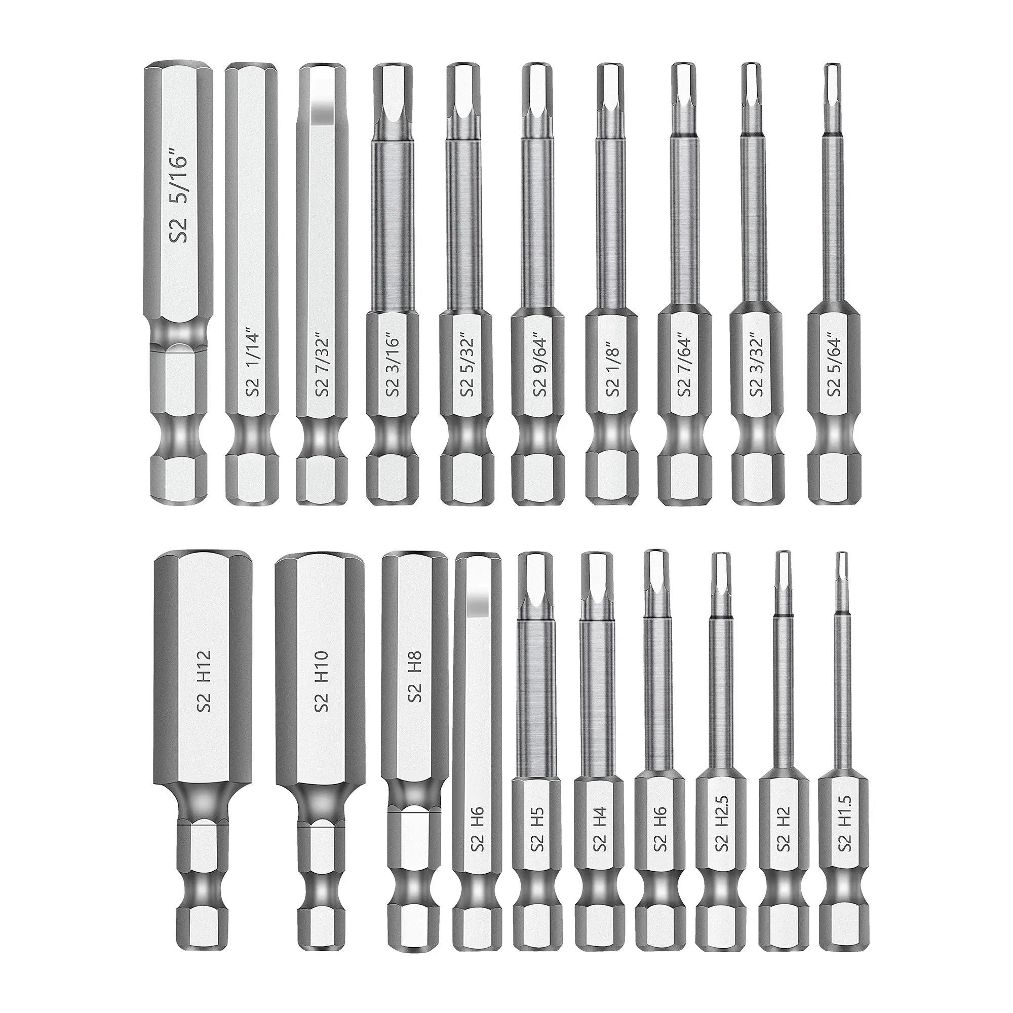 MulWark 20-Piece Industrial Grade S2 Steel Hex Head Allen Wrench Drill Bits Kit - Metric & SAE (10Pc Each), Labeled Sizes, 2.3" Long, 1/4" Quick Release Shank, Portable Rubber Strips, Magnetic Power Tool Accessory for Vehicles, Bicycles, Furniture Repair,
