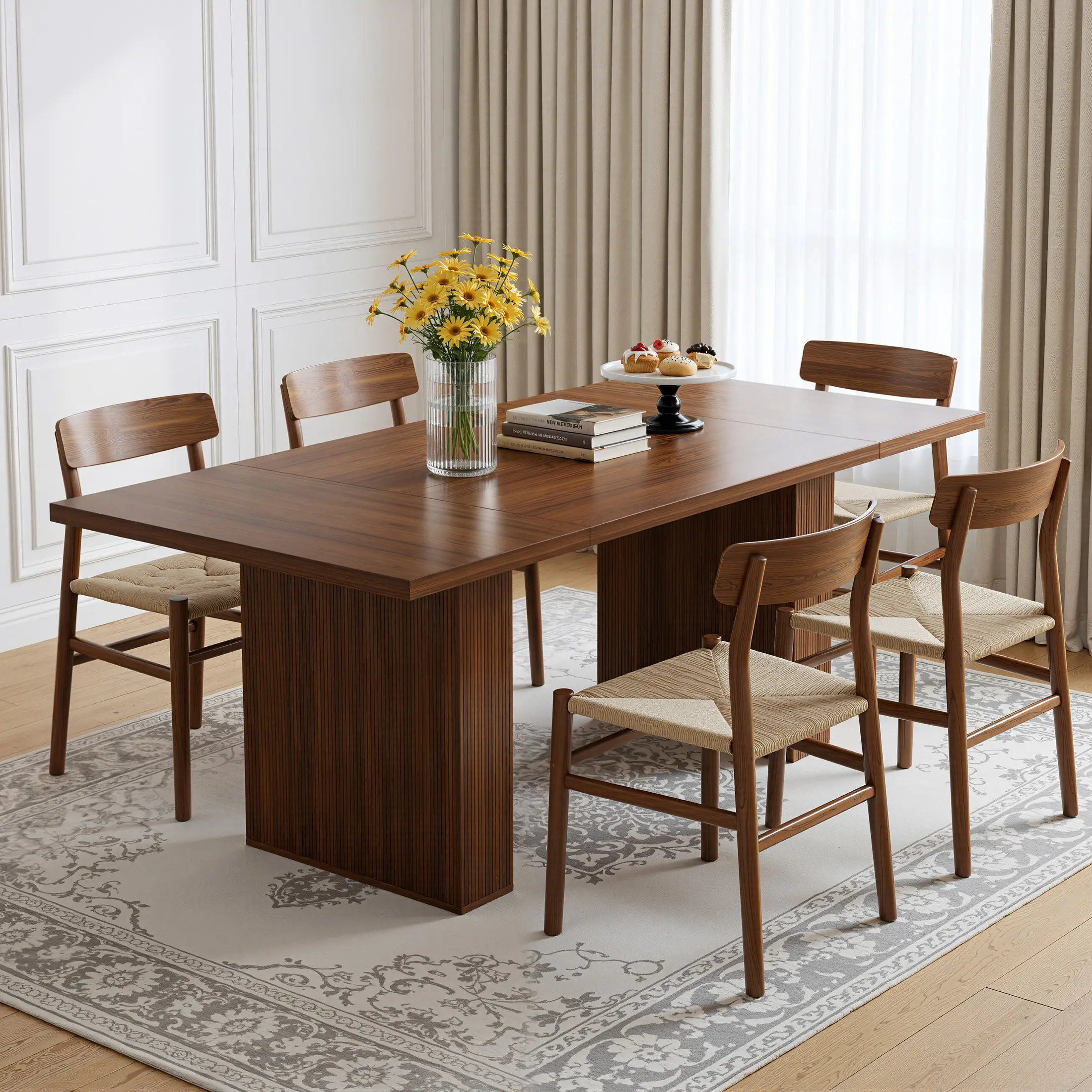 78-Inch Rectangular Modern Farmhouse Dining Table, Groove Base Grooved Wood-Strip Indoor Furniture for 6-8 People, Ideal for Dining Room Family Gatherings, Modern Farmhouse Decor