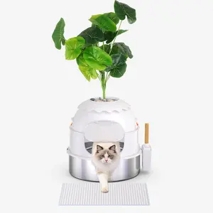 Misofog Enclosed Stainless Steel Cat Litter Box  with Artificial Plant, Litter Box Furniture, Decorative Round Planter Includes Scoop, Pebbles, Carbon Filter, Easy to Clean toilet anti-urine leakage stainless steel litter box cat litter box