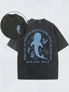 Whale Shark Pattern Retro Washed Cotton Double-Sided Printed T-Shirt Men's T-Shirt Old Summer Clothing Off Shoulder Sleeves Round Neck Top Short Sleeved slightly  cropped  shirt  men Water Wash