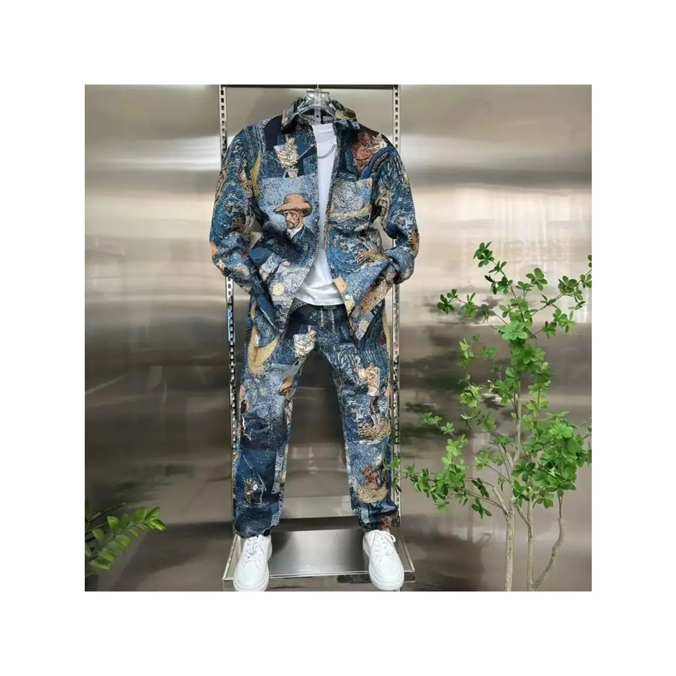 2026 Autumn/Winter New Fashion Outfits Yarn-Dyed Van Gogh Oil Painting Shirt Jacket & Drawstring Casual Pants 2pcs Trendy Set