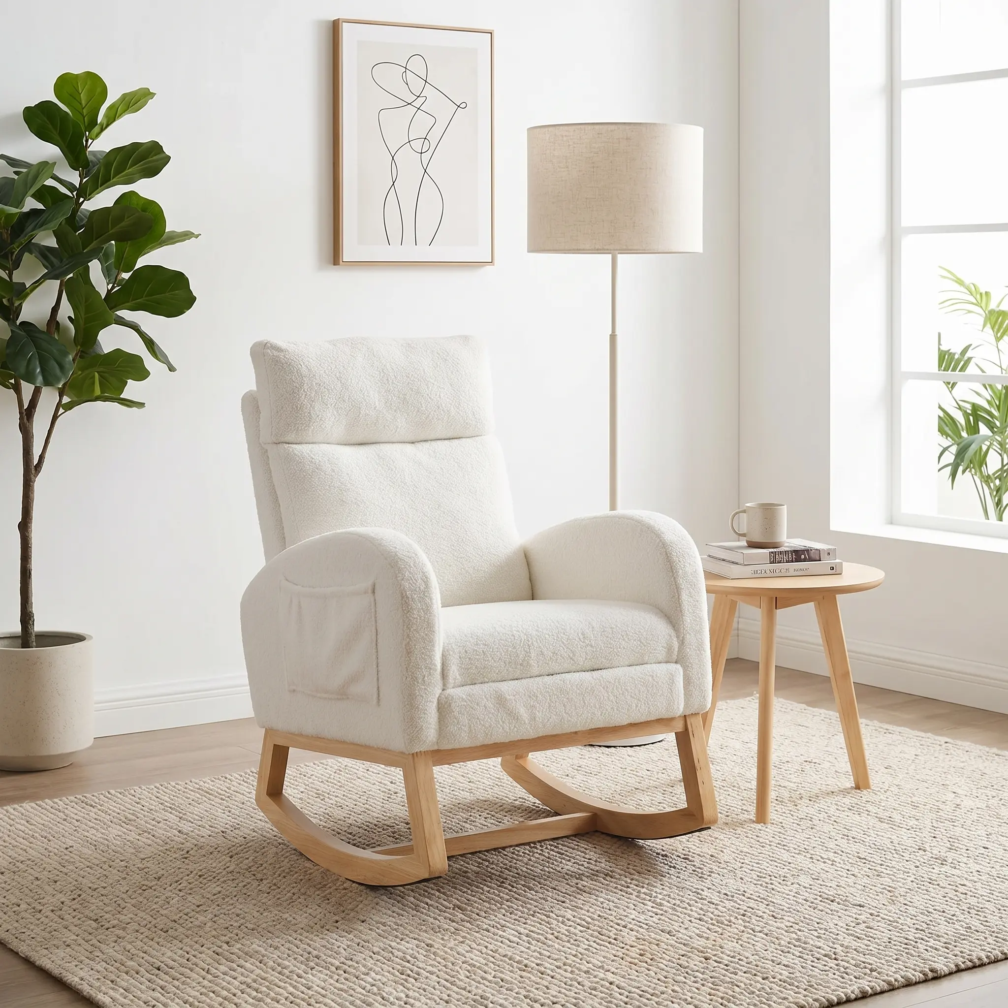 White Teddy Fabric Leisure Rocking Chair - High Back Rocker with Adjustable Footstool, Side Storage Pocket, Solid Wood Base for Living Room, Bedroom Indoor Use