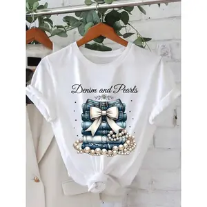 Denim Bow And Pearl Stack Graphic Tee Unisex Top Cute Coquette Aesthetic Oversized Short Sleeve Crewneck Casual Soft Cotton Streetwear Outfit