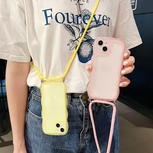 Wave-Patterned Crossbody Strap for iPhone 17 16 15 14 13 12 11 Pro Max Semi-Transparent Soft Silicone Case