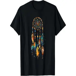 Women's 180g Black Cotton Crew Neck Short Sleeve Dreamcatcher Print T-Shirt, Feather Graphic Tee, Boho Chic Style, Comfortable Soft Fabric, Casual Summer Top, Ethnic Inspired Art Design Shirt, Fashionable Ladies' Apparel for Everyday Wear