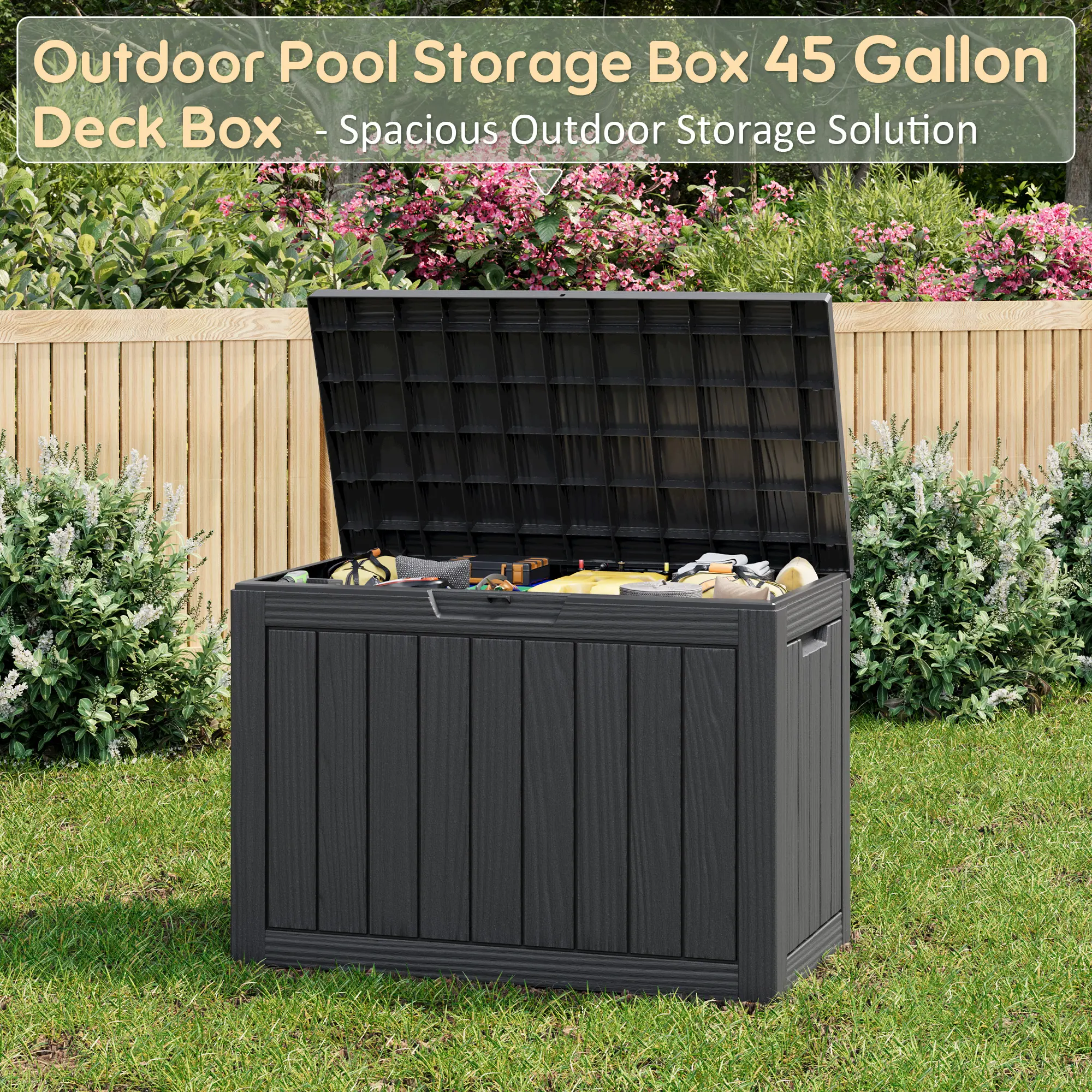 LHBCraft  45 Gallon Black Outdoor Storage Deck Box , Lockable Outdoor Storage Box for Patio Cushions Storage Furniture,Garden Tools, Pool Supplies, Weatherproof and UV Resistant,