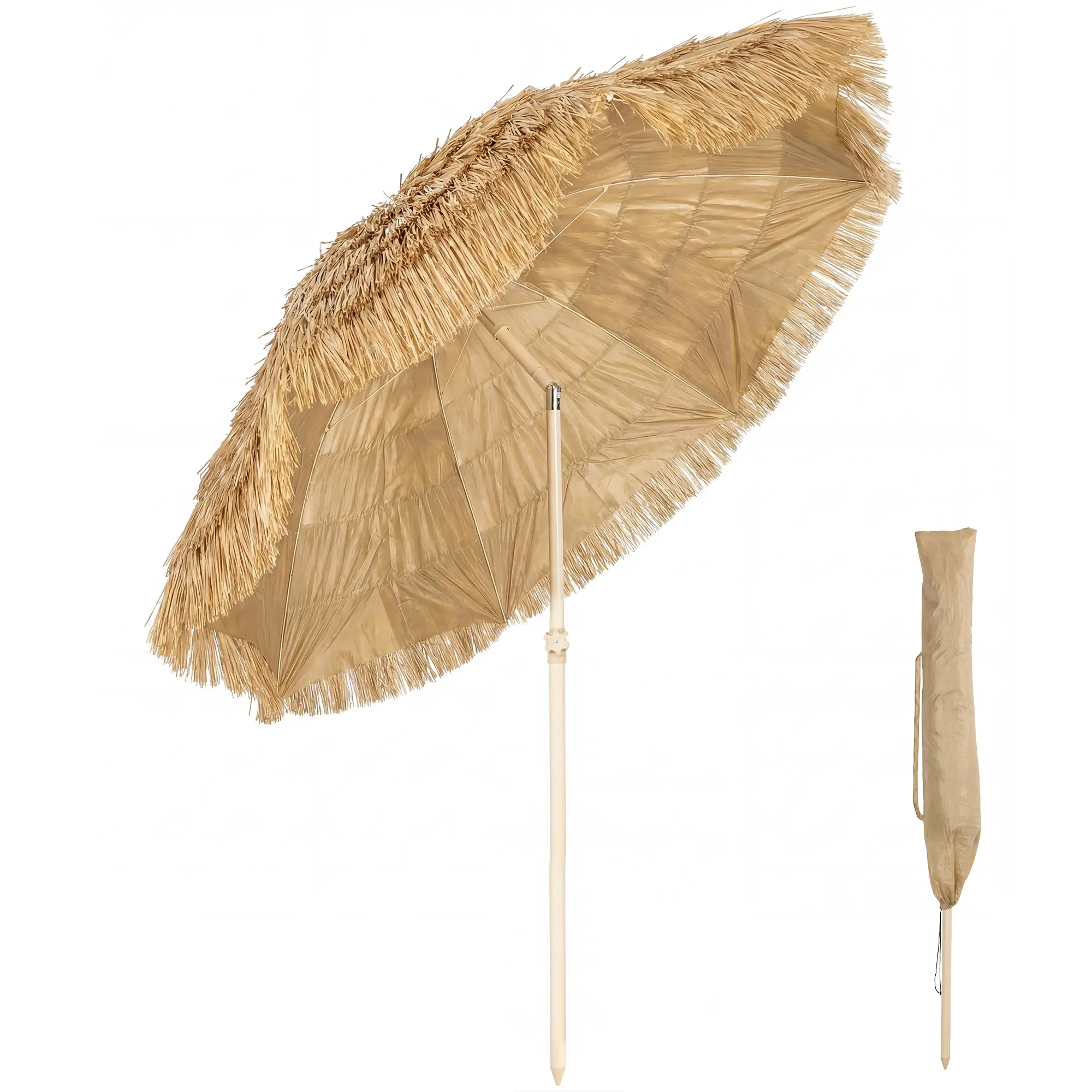 6FT Hawaiian Tiki Patio Umbrella, Faux Straw Tropical Palapa Beach Umbrella with 8 Fiberglass Ribs UPF30+ Sun Protection, Height Adjustable Metal Pole Spiral Sand Anchor & Carry Bag for Pool Deck Tiki Bar