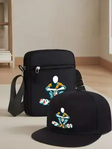 Mask Man Graphic Print Unisex Baseball Cap and Crossbody Bag Set, Street Fashion Outdoor Sports Hat and Shoulder Bag, Adjustable Gift