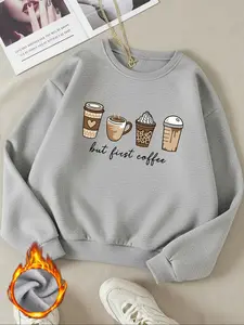 Women's Casual Coffee Pattern Letter Print Hoodie, Cute Versatile Fashion Design, Fall & Winter Wear, Daily Use, Sports, Back-To-School