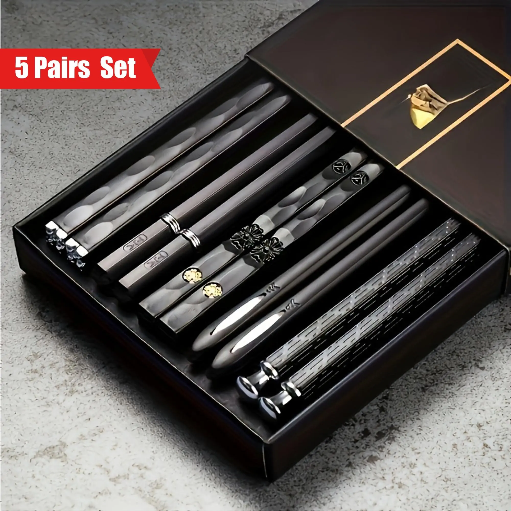 5 Pairs Reusable Alloy Chopsticks Set, 9.5 Inch Dishwasher Safe Alloy Chopsticks, Non-Slip Chopsticks, Kitchen Gadgets Tableware for Restaurants, for Pasta, Sushi, Gnocchi, Desserts, Perfect Halloween and Christmas Gifts