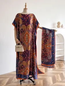 Elegant Bohemian Casual Style Long Robe with Paisley Print Dress, Thin Lightweight Woven Fabric for All Seasons, Includes Matching Scarf for Beach and Sun Protection