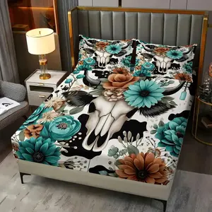 Bohemian Cow Skull Dahlia Print Fitted Sheet Set, Floral Sheets, Includes 1 Fitted Sheet and 2 Coreless Pillowcases, Comfortable Skin-Friendly Wrinkle-Free, Western Wild Style BedroomDecor or Gift