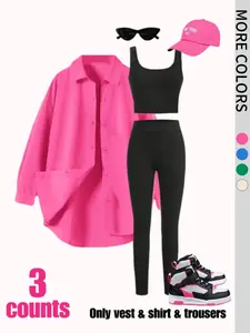 Women's Plain Button Front Shirt & Square Neck Crop Tank Top & Leggings Three-Piece Set, Casual Drop Shoulder Long Sleeve Collared Top & Sleeveless Top & Skinny Pants for Daily Wear, Ladies Clothes for All Seasons, Casual Fashion Set, Womenswear