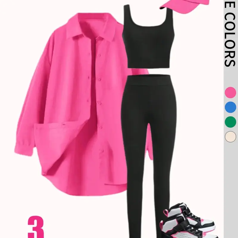 Women's Plain Button Front Shirt & Square Neck Crop Tank Top & Leggings Three-Piece Set, Minimalist Casual Drop Shoulder Long Sleeve Collared Top & Sleeveless Top & Skinny Pants for Daily Wear, Ladies Clothes Fashion Clothes Set for All Seasons