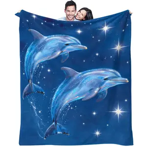 Shimmering Blue Dolphin Starry Sky Print Flannel Blanket, An Ultra-Soft, Comfortable, and Warm Blanket Featuring A Dreamy Ocean-Themed Print, Perfect As A Gift For Use On The Sofa, In The Bedroom, In Dorm Rooms, or While Traveling