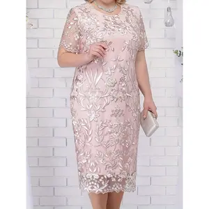 Plus Size Women's Elegant Floral Print Bodycon Dress - Suitable for All Seasons, Wedding Party Daily Wear - Soft Pink Opaque Fabric, Versatile Evening Dress, Machine Washable