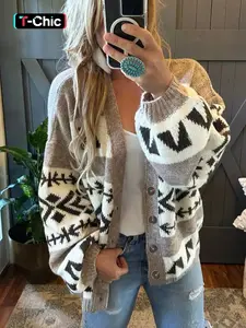 Women's Patchwork Geometric Print Button Front Cardigan, Casual Drop Shoulder Lantern Sleeve Knitwear for Fall, Fashion Ladies' Knit Clothing for Daily Wear, Knitted Sweater, Lightweight Knit Sweater