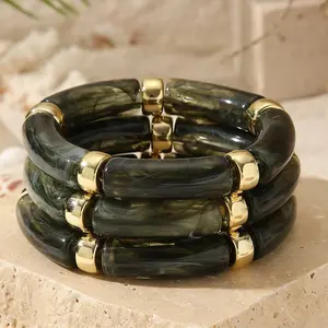 3 Pcs Boho Bamboo Tube Acrylic Beaded Bracelet Set for Women, Curved Tube Beads Elastic Stretch Stackable Layered Design, Lightweight Bohemian Wrist Jewelry for Summer Beach Vacation Daily Casual Wear Gift