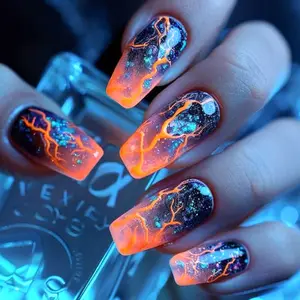 Volcanic Crack Gradient Wearable Long Nail Tips, Fashionable Manicure Accessories, Stylish Nail Art Design, Perfect for Daily Use