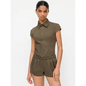 Cider Denim Stand Collar Ruched Mid Rise Regular Romper