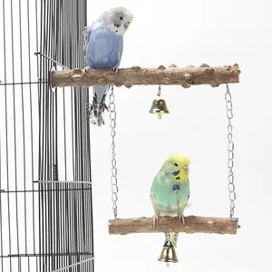 Wooden Bird Perch with Bell, Natural Wood Double Layer Bird Stand Branch for Parrot, Cockatiel, Lovebird, Parakeet, Bird Cage Accessories