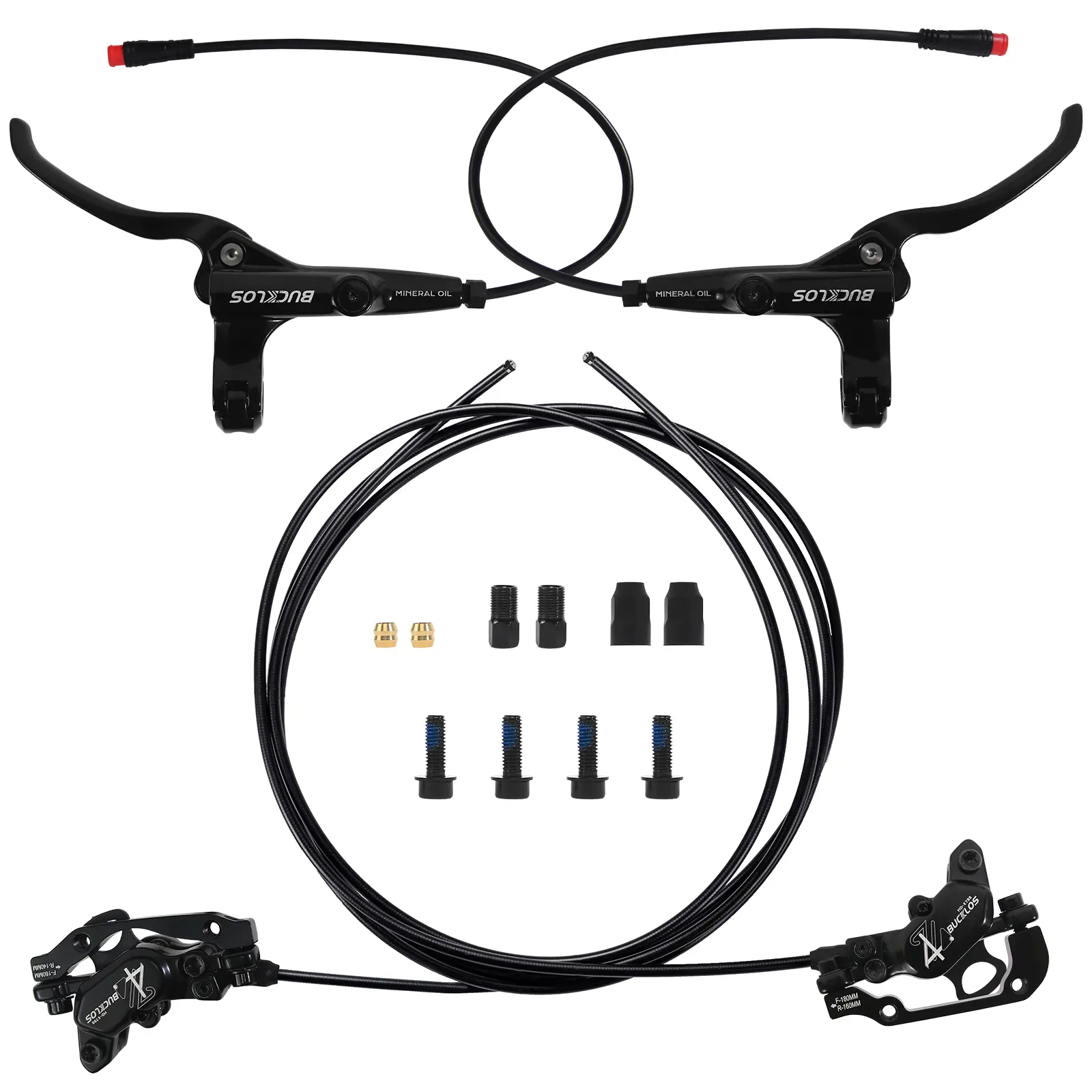 BUCKLOS Hydraulic 4-Piston E-Bike Disc Brake Caliper with Auto Power-Off Sensor, Pre-Bled Mineral Oil, Aluminum Calipers & Levers, Integrated Cylinder, Front 1150mm / Rear 1950mm Hoses, MTB/e-Scooter