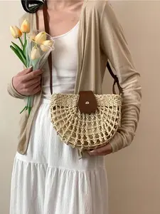 Women's Elegant Crochet Crossbody Bag, Boho Style Half Round Hollow Out Design Shoulder Bag, Trendy Exquisite Crossbody Bag for Daily Use, Fashionable Bohemian Bag