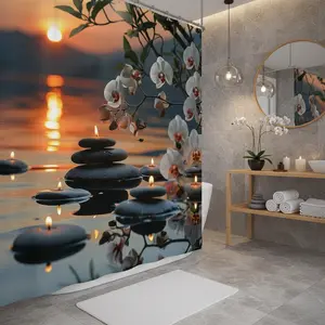 Calm Spa Style Orchid River Stone Bath Curtain, Healing Water Scene Candle Fabric Bathroom Curtain, Soft Polyester Shower Divider