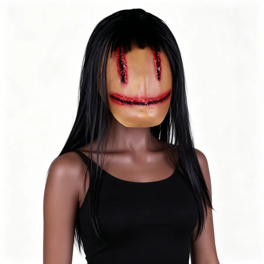 Spooky Evil Natural Latex Female Ghost Mask with Hair - Scary Stitching, Strap, Universal Skin Tone Halloween Prop for Cosplay, Themed Parties, Room Decor