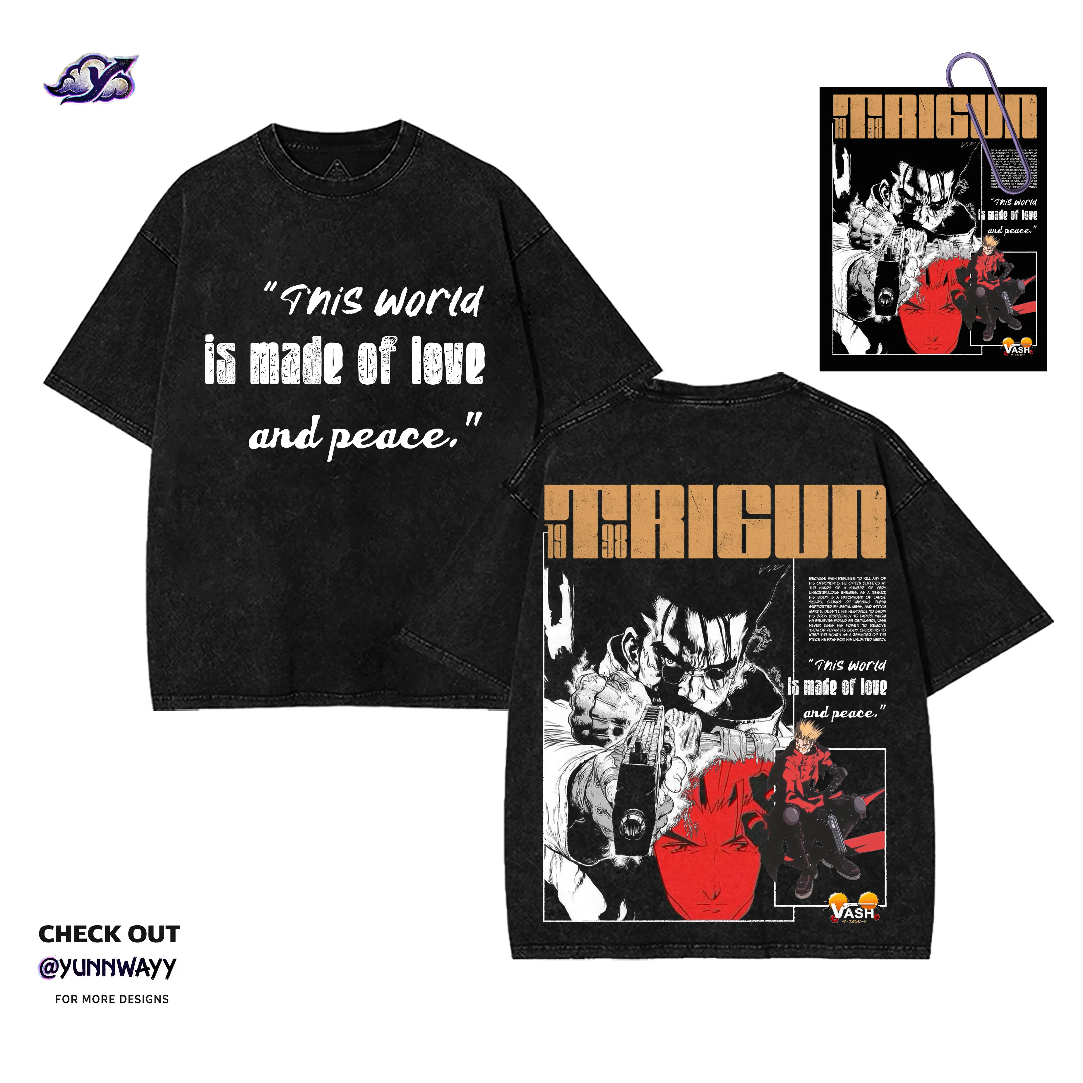 Menswear Men's Trigun Vash the Stampede Anime Acid Wash Heavyweight Cotton Short-Sleeve Tee - Double-Printed Dark Graphic, Unisex Vintage Distressed Loose-Fit Streetwear Top, Gift for Anime Manga Fans