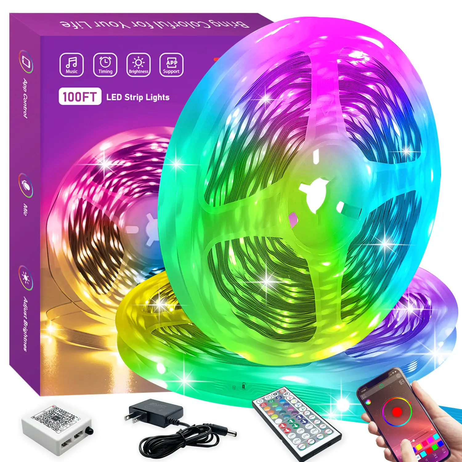 100ft 50ft RGB LED Strip Lights Music Sync Lights Color Changing LED Lights Strip with Remote & APP Control Christmas Led Lights Bedroom Decoration O