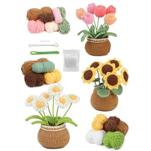 1 crochet kit suitable for beginners, handmade crochet bouquet materials for tulips and sunflower potted plants, includes basic accessories and tutorials