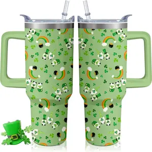 40oz St Patricks Day Tumbler with Handle and Straw, Green Irish Shamrocks Gnome Stainless Steel Vacuum Insulated Cup, Travel Mug Water Bottle, Gifts for Women Men