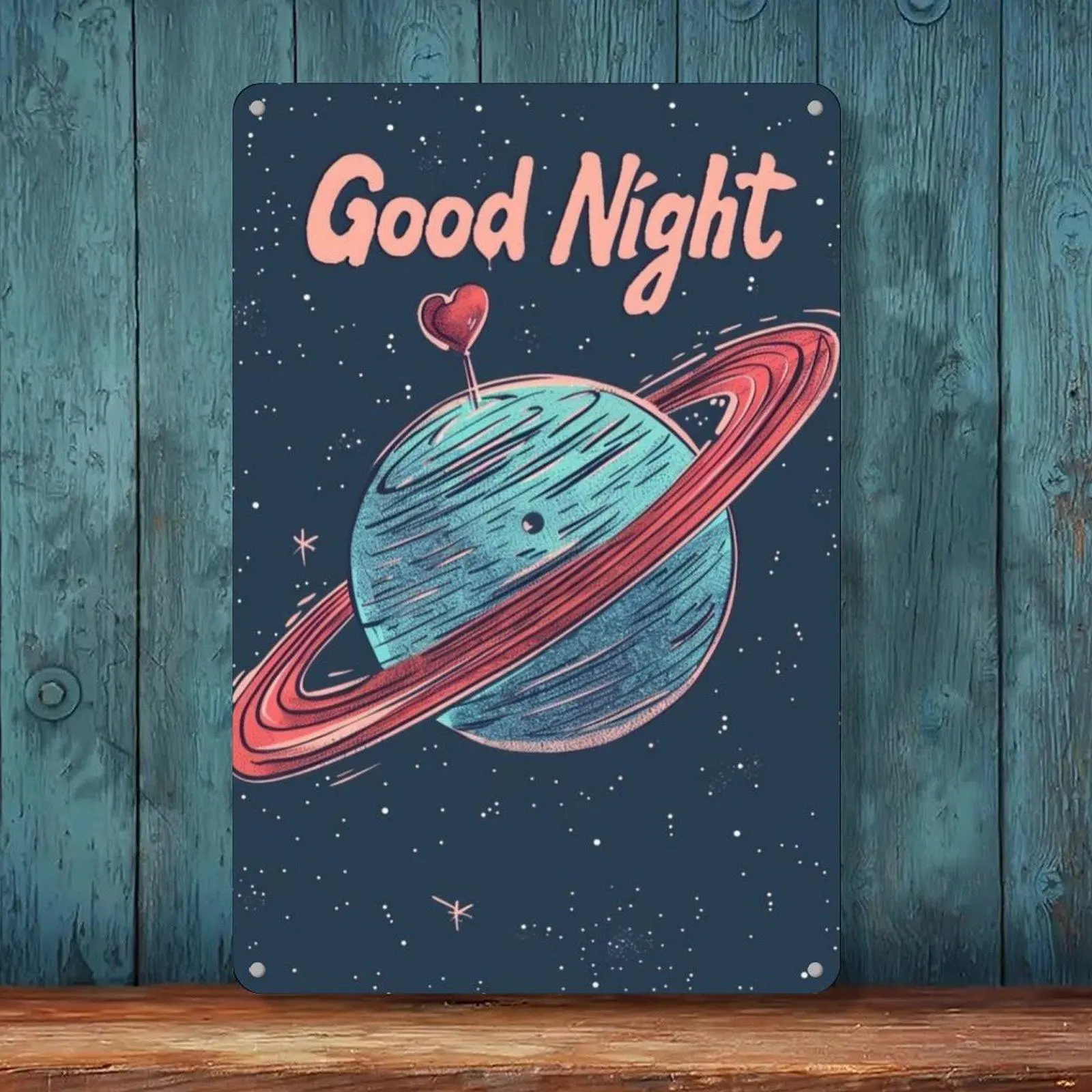 Retro Good Night Saturn Planet Space Art Tin Sign 8x12in Outer Space Theme Room Wall Decor Metal Tin Sign