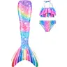 Girls' 3-Piece Mermaid Tail Swimsuit Set - Dazzling Rainbow Pattern Flounce Ruffle Bikini Top, Elastane Fabric, Full Set + Tail, for Play & Party, 3-4T/10-13Y Kids Swimwear Outfits (Fin Excluded)