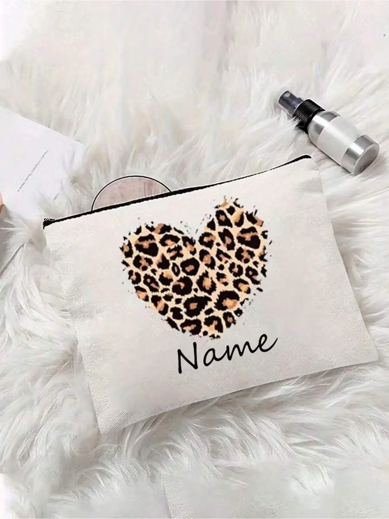 Personalized Leopard Print Heart Canvas Handbag With Zipper Closure - Custom Name Or Text, Lightweight & Stylish For Travel Or Everyday Use, Unisex Design, Fragrance-Free, Personalized Gift | Leopard Print Design | Polyester Linin