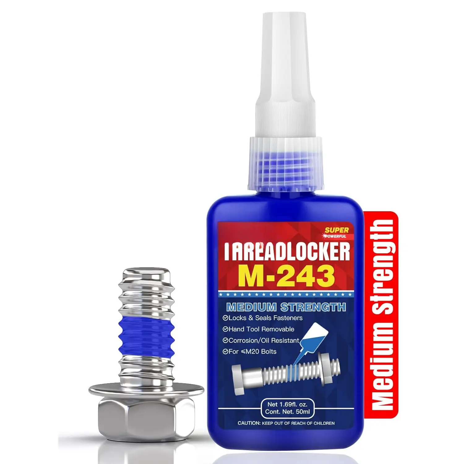 Medium Strength Blue ThreadLocker Industrial Liquid Metal Glue - Anaerobic Curing, Corrosion/Oil Resistant, Eliminates Need for Lock Nuts, Protects from Leaks (M243-50ml), Automotive