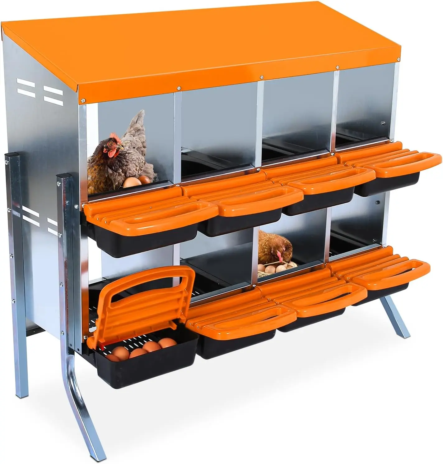 Gaomon 2-Tier 8-Compartment Roll Away Chicken Box for Hens - 15° Floor Egg Guides, Darkened Look, Drain Holes, Legs, Removable Trays for Easy Cleaning, Stackable for Coop Space Saving, Pull-Out Roost, Orange, Plastic Tray, Private Boxes Reduce Stress,fami
