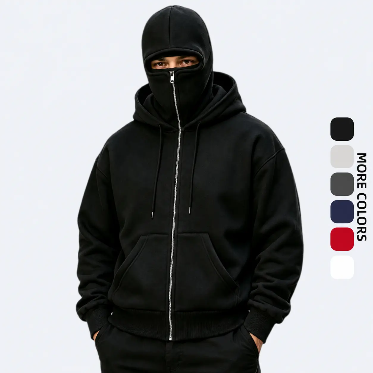 Men's Full-Zip Hooded Sweatshirt, Integrated Face-Cover Double Hood Design, Loose Fit Solid Color Casual Hoodie with Pockets Menswear Tops