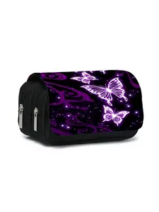 Purple Butterfly Pattern Printed Double-Layer Flip-Top Pencil Case