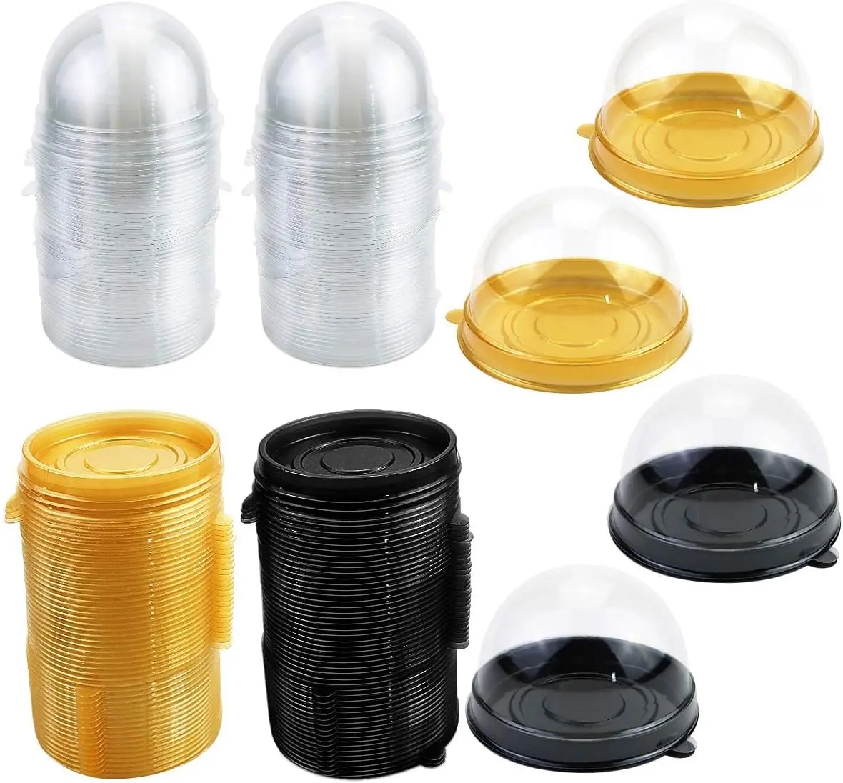 100Pcs Clear Plastic Mini Cupcake Boxes, 2.76 x 1.78 Inch Cupcake Boxes for Muffins, Pastries, Desserts, Mooncakes (50 Gold + 50 Black) Baking Supplies Kit Baking Tools