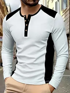 Men's Casual Stylish Long Sleeve Patchwork Shirt, Button Details, Fitted H Type Style, Moderate Fabric, Short Length, Spring & Fall Wear