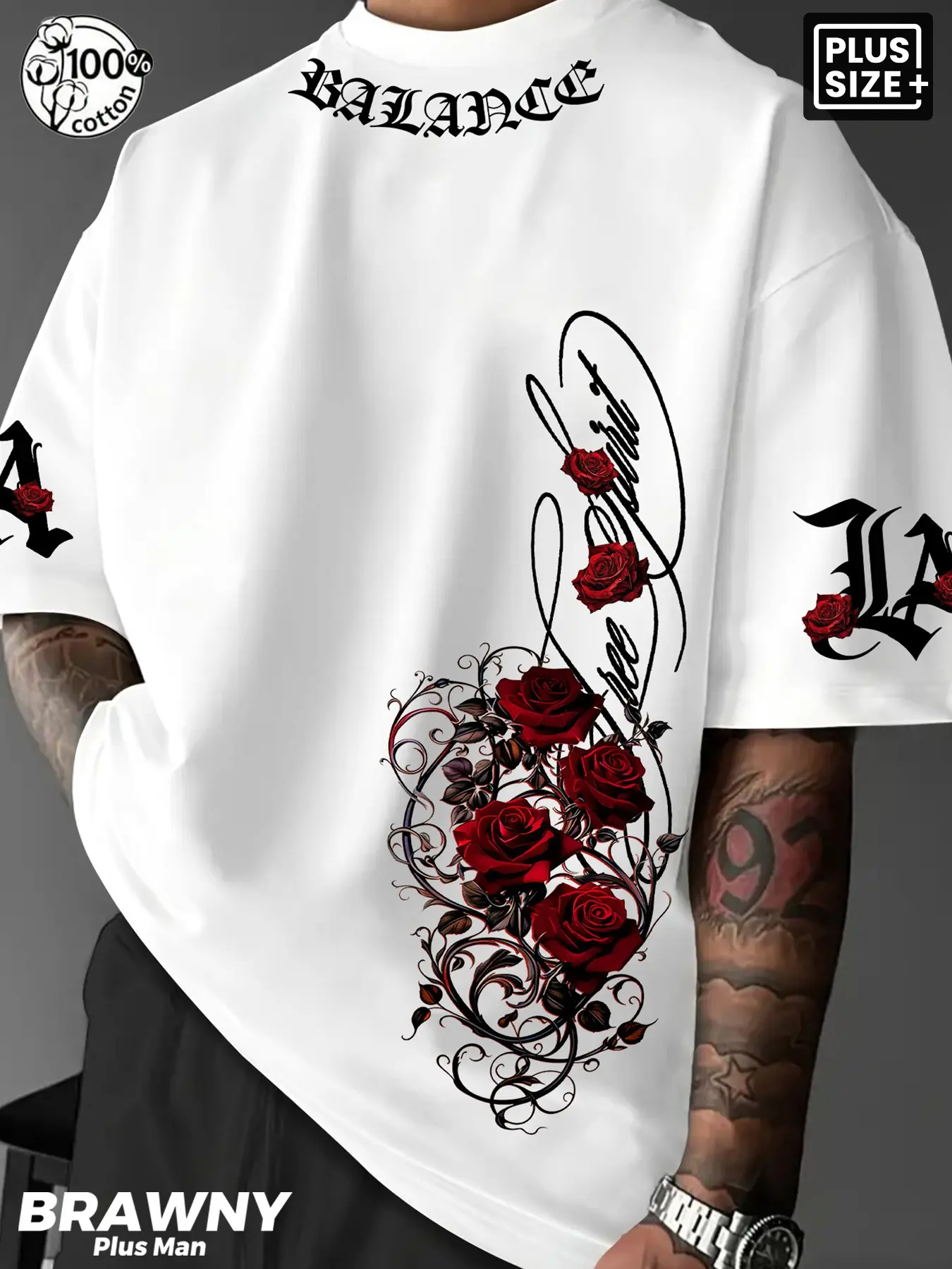 Men's Plus Size Loose T-Shirt, 100% Cotton Round Neck Short Sleeve, Gothic Floral and La Letter Print, Casual Street Style Streetwear Summer Top